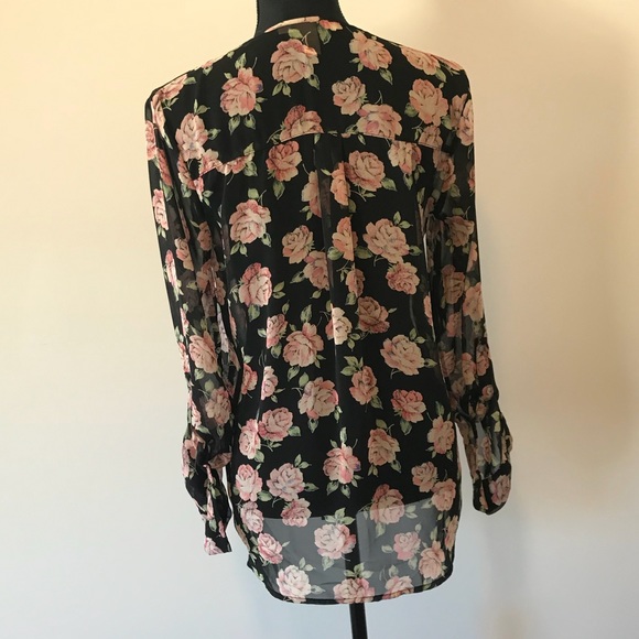 Forever 21 Black Pink Floral Chiffon Blouse S - Picture 3 of 5